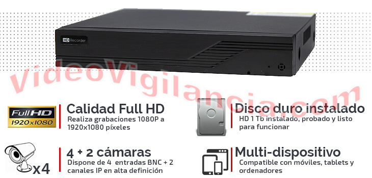 Grabador Full HD TVI de 4 cámaras cableadas + 1 cámara IP adicional.