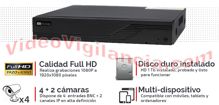 Grabador Full HD 1080P para 4 cámaras con conexión a Internet y disco duro interno.