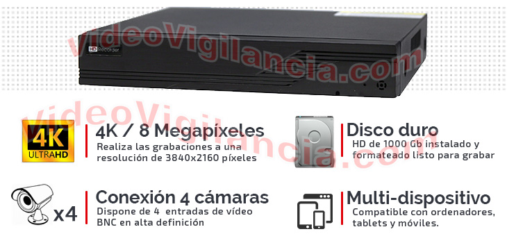 Grabador ULTRA HD 4K para 4 cámaras con disco duro y compatible móviles.