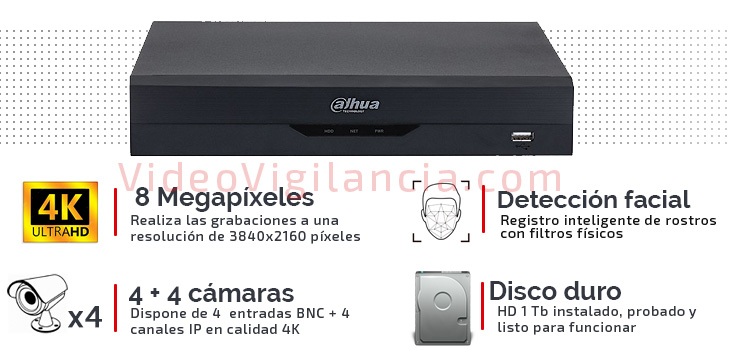 Grabador DAHUA WizSense 4 canales con inteligencia artificial