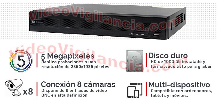 Grabador para 8 cámaras en calidad 5 Megapíxeles con disco duro incluido.