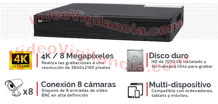 Kit de videovigilancia 4K con grabador de  canales, disco duro y aplicación móvil. 