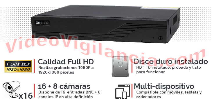 Grabador Full HD 1080P para 16 cámaras con disco duro de 1 Tb y aplicación móvil gratuita.