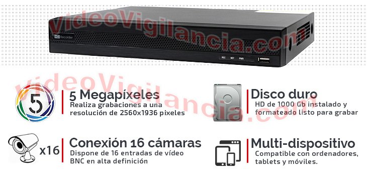 Grabador 5 Megapíxeles para 16 cámaras de videovigilancia + 4 canales IP.
