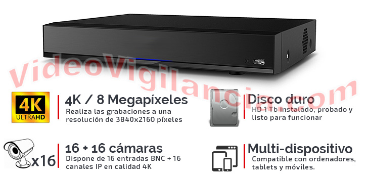 Grabador Ultra HD 4K con 16 canales BNC DAHUA 