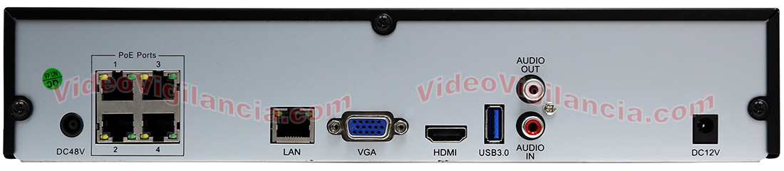 Detalle de las conexiones traseras del grabador IP 8 canales con 4 puertos PoE