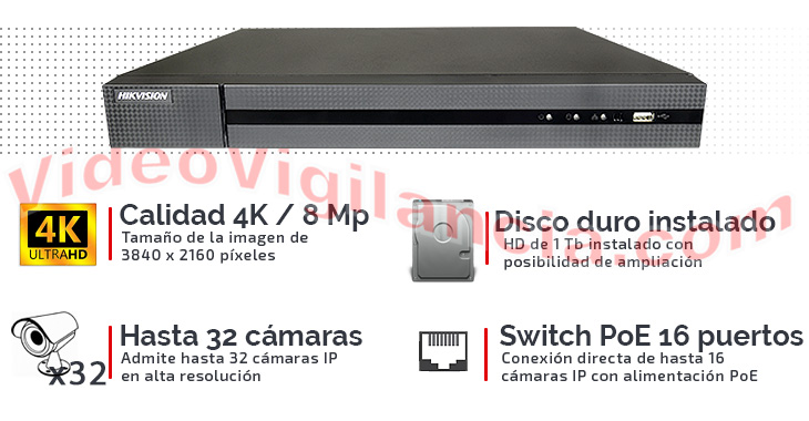 Grabador IP calidad 4K con 32 canales de vídeo, switch PoE 16 puertos y disco duro incluido.
