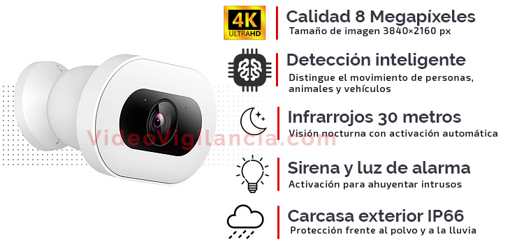 Cámara IP inalámbrica en calidad 4K con detección inteligente de personas, animales y vehículos