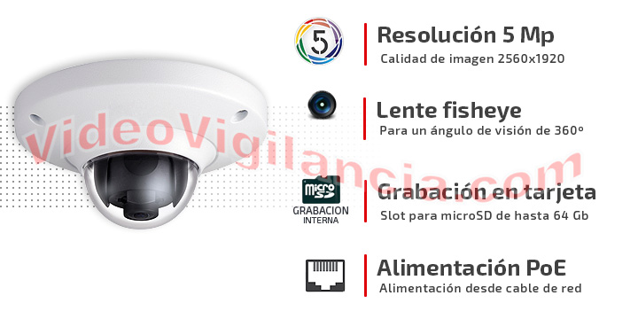 Cámara IP ojo de pez calidad 5 Megapíxeles con grabacióin y alimentación PoE. 