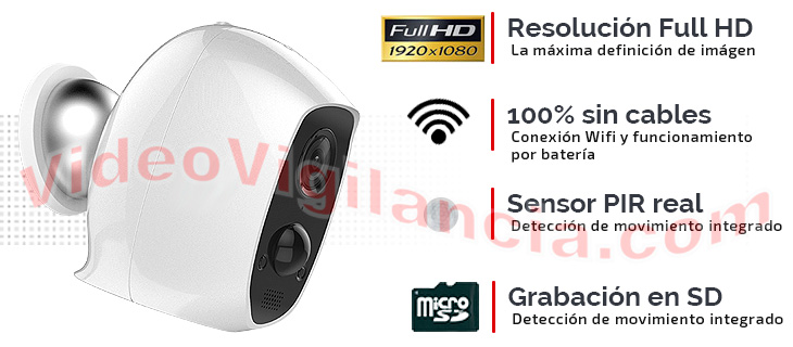 Cámara IP Wifi con batería, inalámbrica. Calidad de imagen Full HD y grabación en tarjeta microSD.