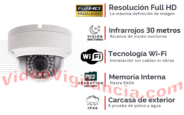 Cámara IP Wifi calidad Full HD 1080P con grabación, infrarrojos y carcasa de exterior.