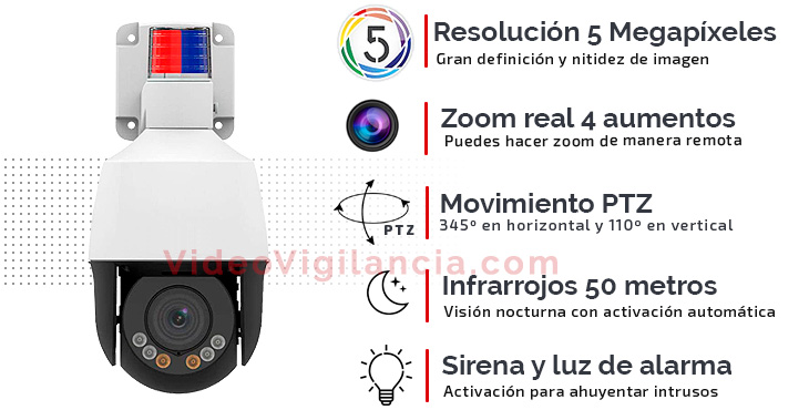 Cámara IP 5 Mpx con autotracking, detección de intrusos, luz y sirena de alarma disuasorias.