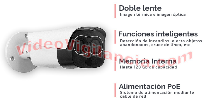 Cámara IP térmica con doble lente, funciones inteligentes, grabación en tarjeta y alimentación PoE.