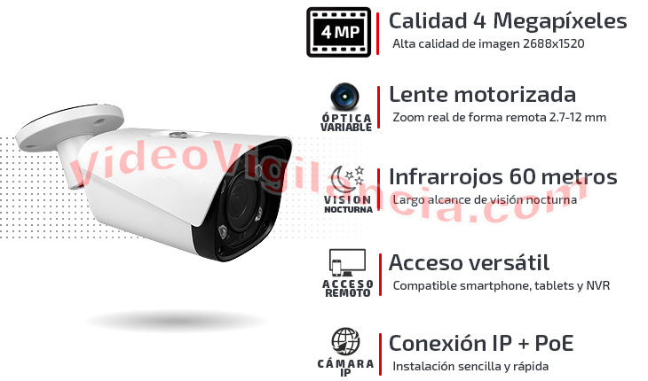 Cámara IP 4 Megapíxeles con grabación, lente varifocal motorizada, infrarrojos y compatibilidad ONVIZ.