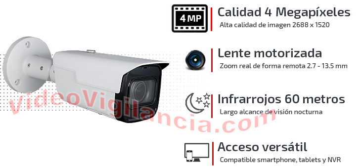 Cámara IP 4 Megapíxeles con lente motorizada y visión nocturna 60 metros.