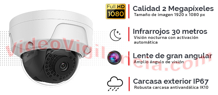 Cámara IP domo 2 Megapíxeles con lente de gran angular, infrarrojos, carcasa de exterior y PoE