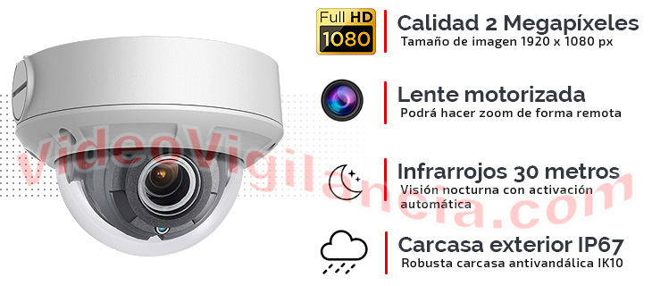 Cámara IP domo con lente varifocal motorizada, infrarrojos y carcasa de exterior