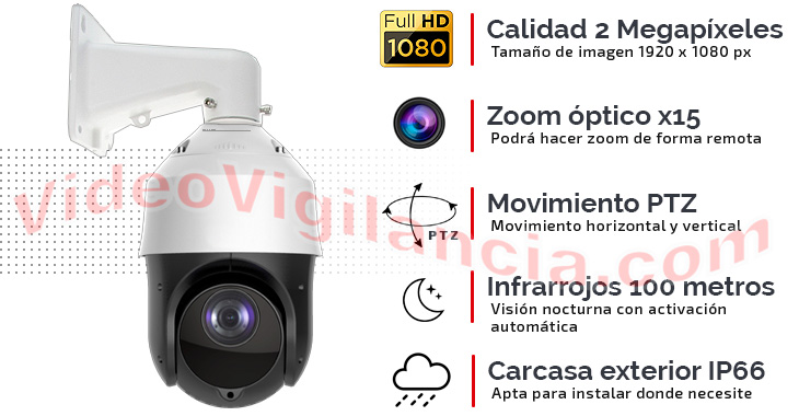 Cámara IP domo calidad Full HD con movimiento, zoom real x15, visión nocturna y apta para exterior. 