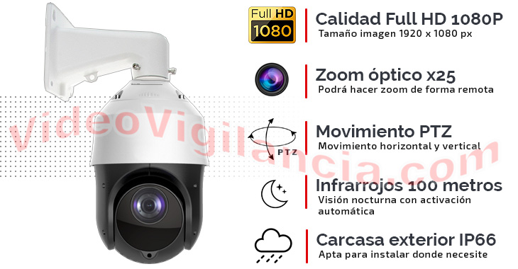 Cámara IP calidad Full HD 1080P con movimiento, zoom de 25 aumentos, infrarrojos 100 metros y carcasa de exterior