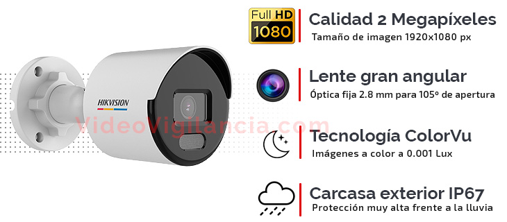 Cámara IP Hikvision ColorVu con grabación y carcasa de exterior.