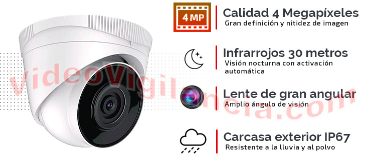 Cámara IP domo calidad 4 Megapíxeles, lente 2.8 mm , infrarrojos 30 metros, alimentación PoE y carcasa exterior