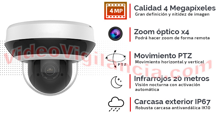 Cámara IP domo 4 Megapíxeles con zoom óptico, movimiento, infrarrojos, grabación, PoE y carcasa antivandálica exterior.