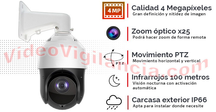 Cámara IP domo 4 Megapíxeles con movimiento, zoom, infrarrojos y grabación.