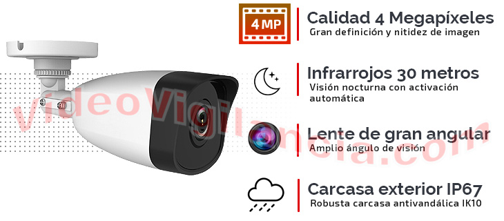 Cámara IP en formato bullet calidad 4 Megapíxeles, gran angular, infrarrojos y alimentación PoE.