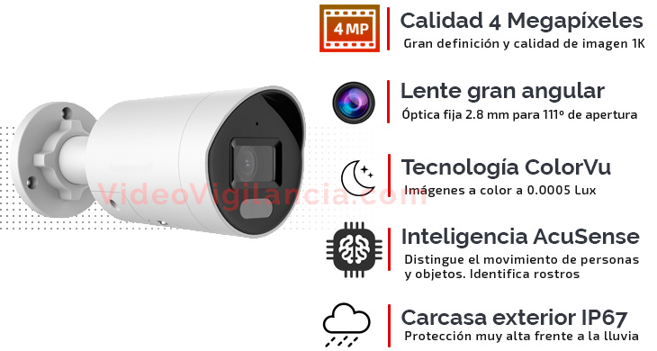 Cámara IP 4 Mp alta sensibilidad ColorVu y tecnología AcuSense by Hikvision