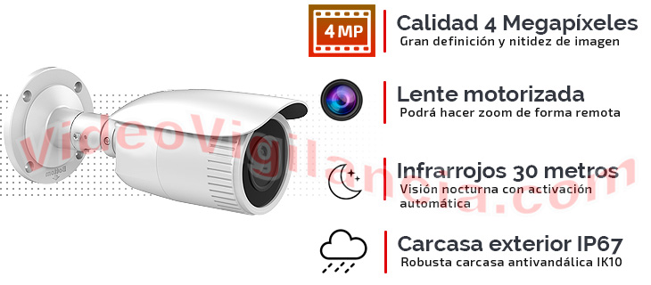 Cámara IP bullet calidad 4 Megapíxeles, lente varifocal motorizada, visión nocturna de 30 metros, grabación en SD y carcasa de exterior.