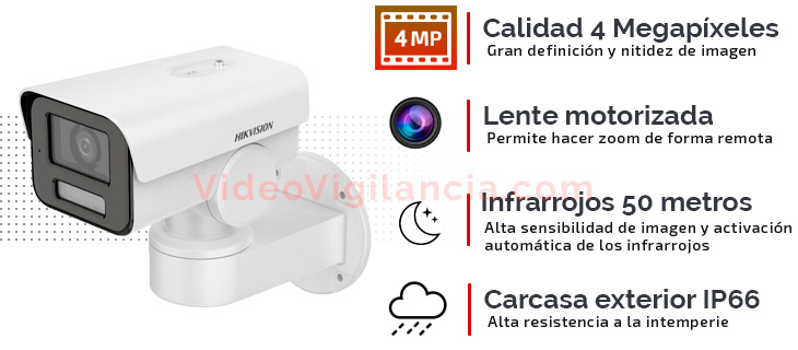 Cámara IP Hikvision con zoom x4, infrarrojos 50 metros y carcasa de exterior