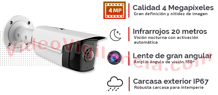 Cámara IP 4 Megapíxeles con lente gran angular, infrarrojos y carcasa de exterior.