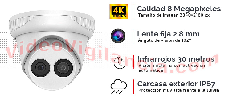 Cámara IP domo calidad 4K con infrarrojos de 30 metros de alcance y carcasa exterior IP67.