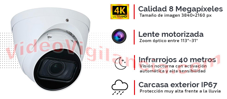 Cámara IP domo 8 Megapíxeles con lente motorizada, infrarrojos 40 metros y carcasa exterior