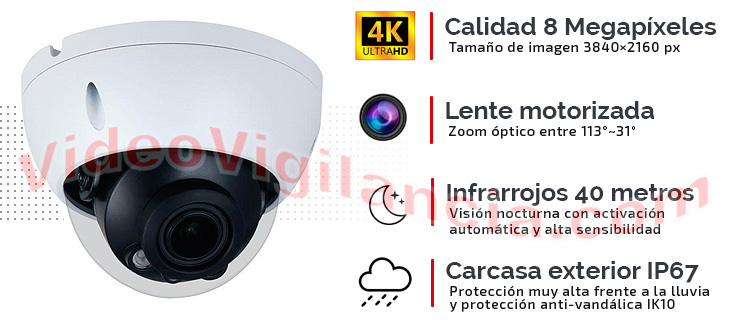 Cámara IP 4K con lente motorizada, infrarrojos 40 metros, carcasa exterior IP67 y antivandálica IK10