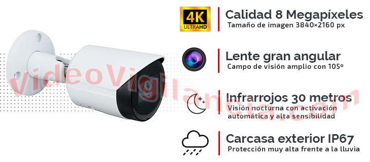 Cámara IP bullet calidad Ultra HD 4K con lente de gran angular, infrarrojos y apta para exterior.