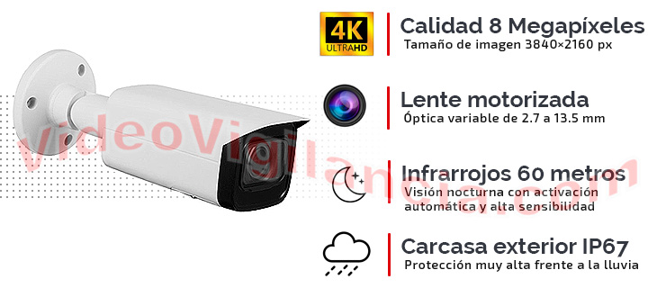 Cámara IP bullet calidad 8 Megapíxeles con lente motorizada, infrarrojos 60 metros y carcasa exterior
