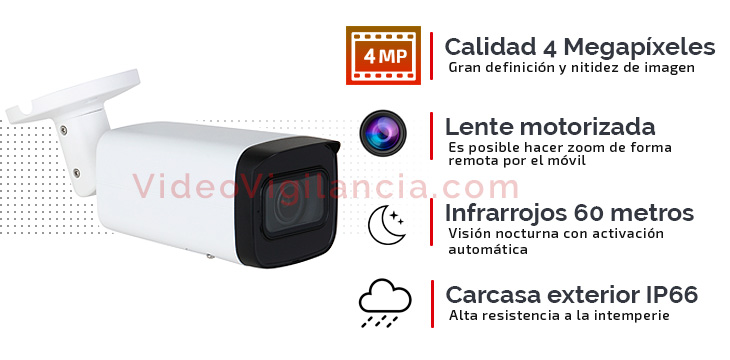 Cámara IP bullet calidad 4 Megapíxeles, lente varifocal motorizada, visión nocturna de 30 metros, grabación en SD y carcasa de exterior.