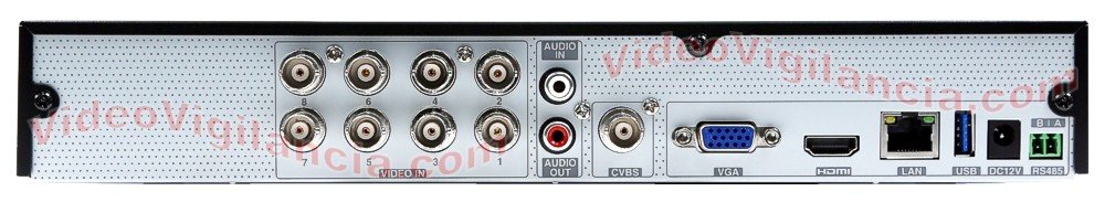Conexiones del grabador 5 Megapíxeles para 8 cámaras de videovigilancia.