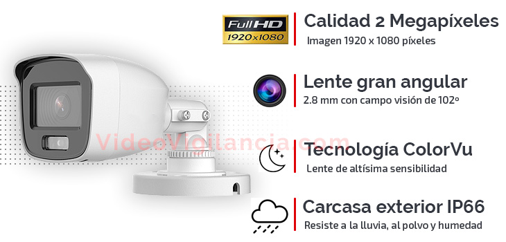 Cámara Full HD calidad 2 Megapíxeles ColorVu Hikvision con lente gran angular.