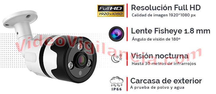 Cámara bullet con lente Fisheye de 180º, infrarrojos 30 metros, carcasa IP66 y compatibilidad 4 en 1