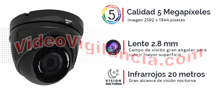 Cámara domo UHD 5 Megapíxeles con lente gran angular 2.8 mm, visión nocturna 20 metros y carcasa de exterior.