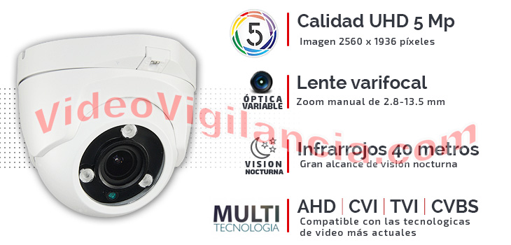 Cámaras domo 5 Megapíxeles con lente varifocal, infrarrojos de 40 metros y carcasa de exterior