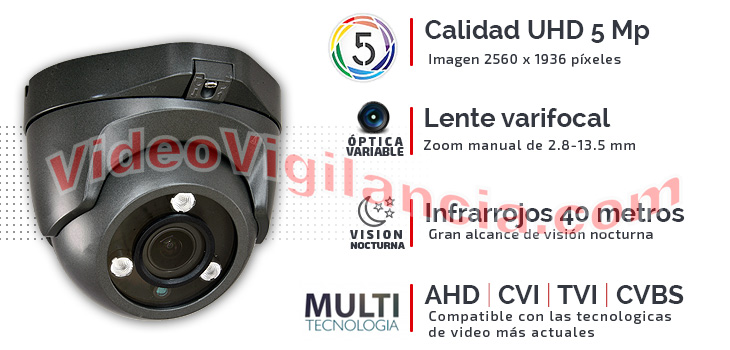 Cámara domo Ultra HD 5 Megapíxeles con lente varifocal y carcasa de exterior