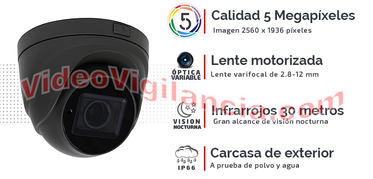 Cámara domo 5 Megapíxeles con lente varifocal motorizada, infrarrojos y carcasa exterior.