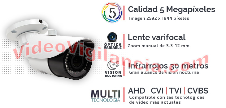 Cámara UHD 5 Megapíxeles con lente varifocal 3.3-12 mm