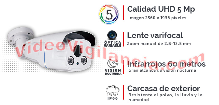 Cámara UHD 5 Mp con lente varifocal, infrarrojos 40 metros y carcasa IP66
