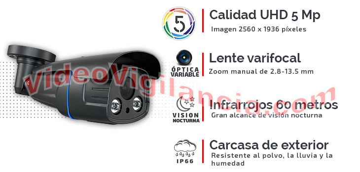 Cámaras bullet calidad 5 Megapíxeles con lente varifocal, infrarrojos de 60 metros y carcasa de exterior