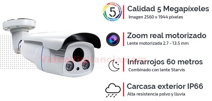 Cámara de vigilancia calidad 5 Megapíxeles con zoom motorizado.