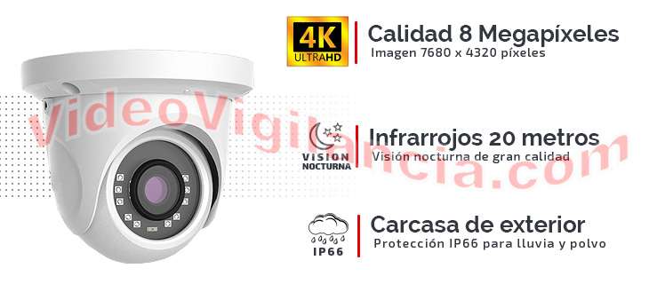 Cámara domo calidad 4K con infrarrojos de 20 metros y carcasa exterior IP66.